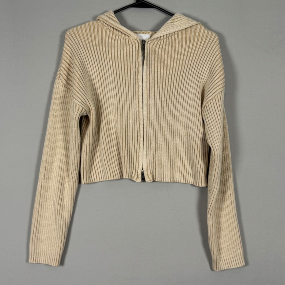 Pink Rose Hoodie Women Large Tan New No Tags Y2K Ribbed Cropped Double Zip